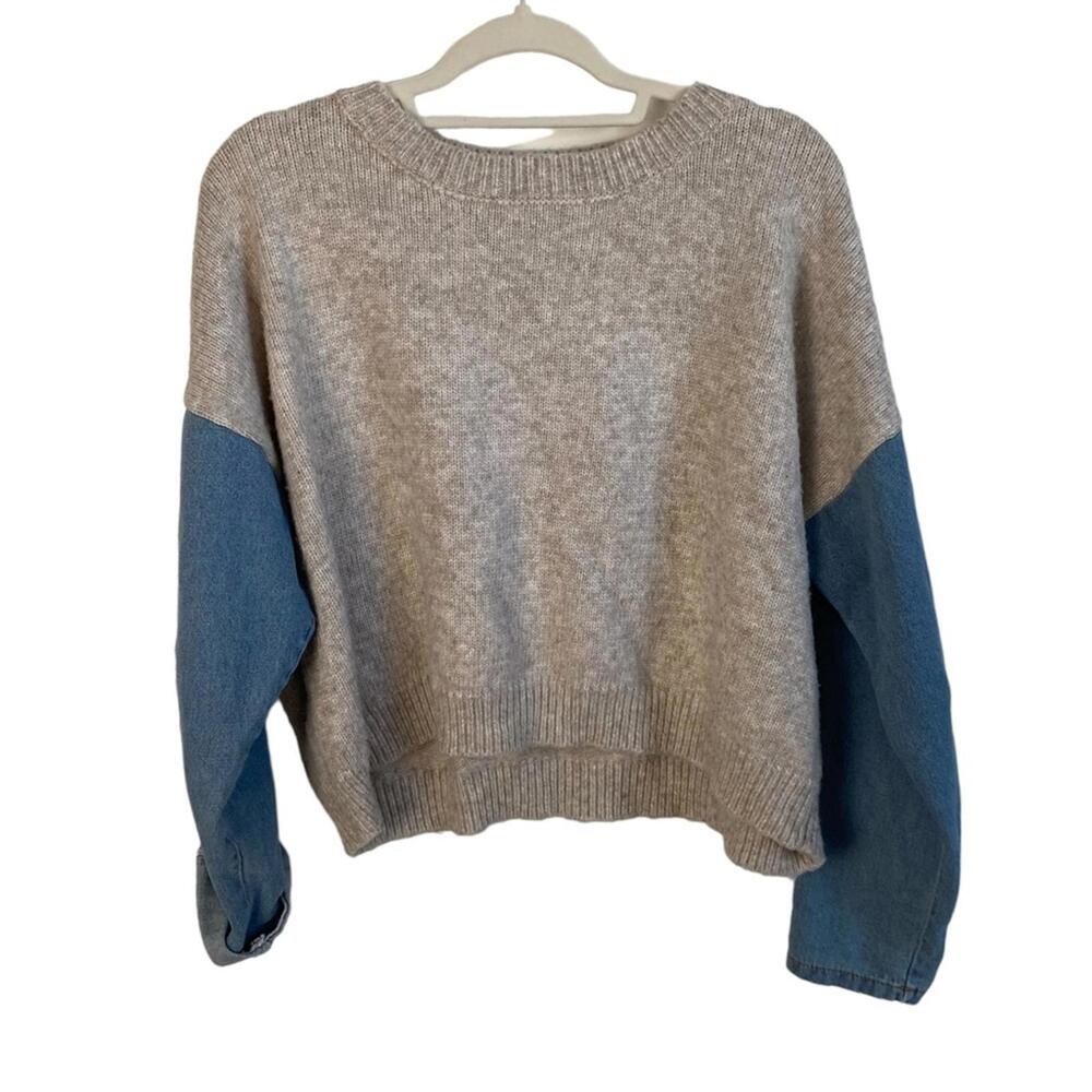 Lumiere knit denim sleeve sweater tan beige blue size L large crew neck